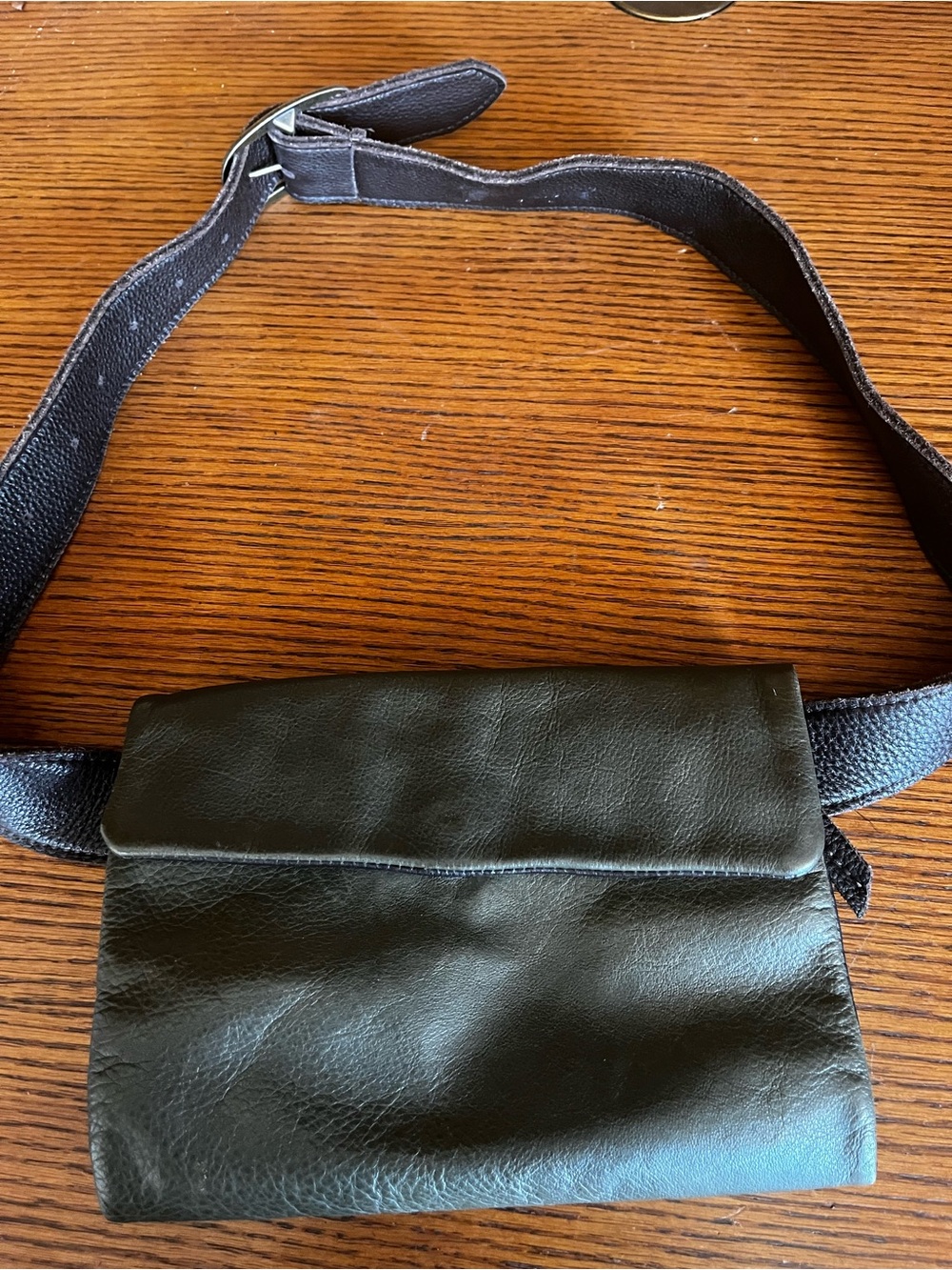 Black Leather Fold-Over Belt Bag for Women